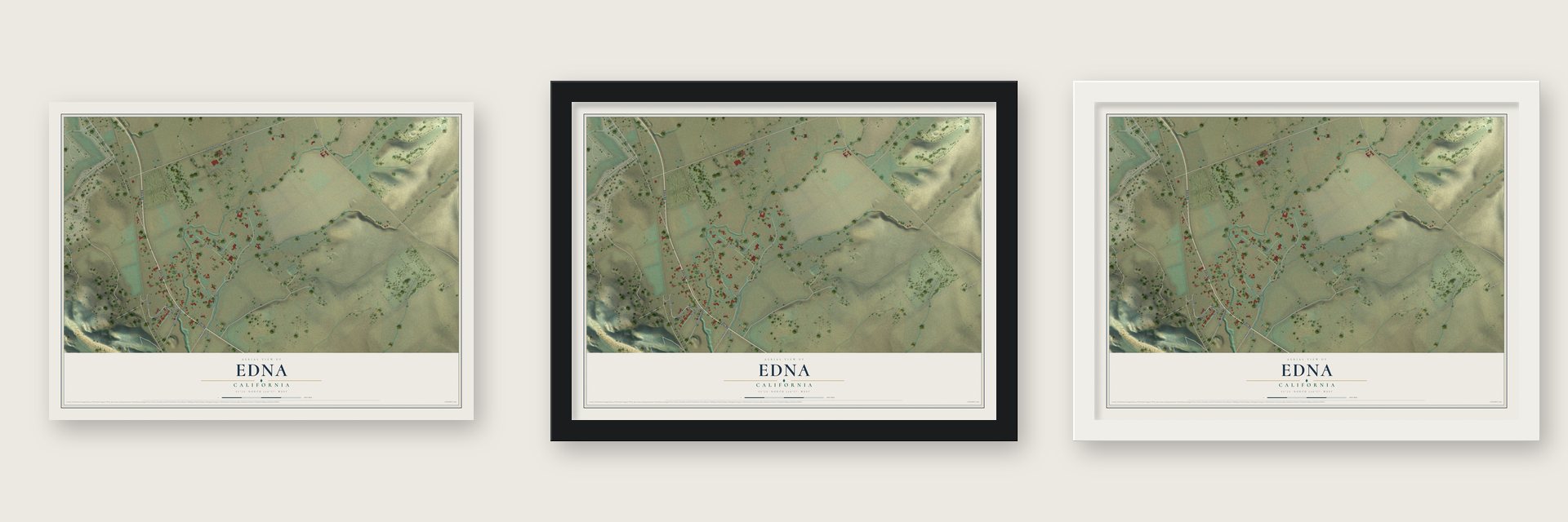 Edna, California map unframed, in a black wood frame and in a white wood frame