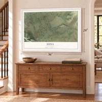 Edna, California map, 24 x 36 inch print in a white frame above a dresser by a staircase