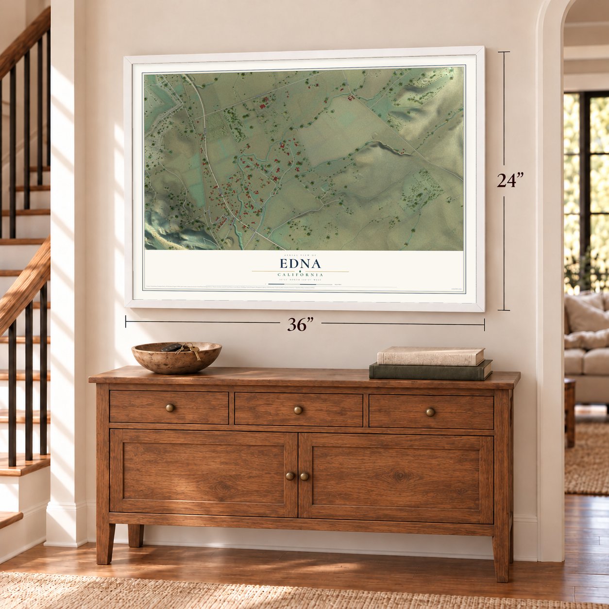 Edna, California map, 24 x 36 inch print in a white frame above a dresser by a staircase