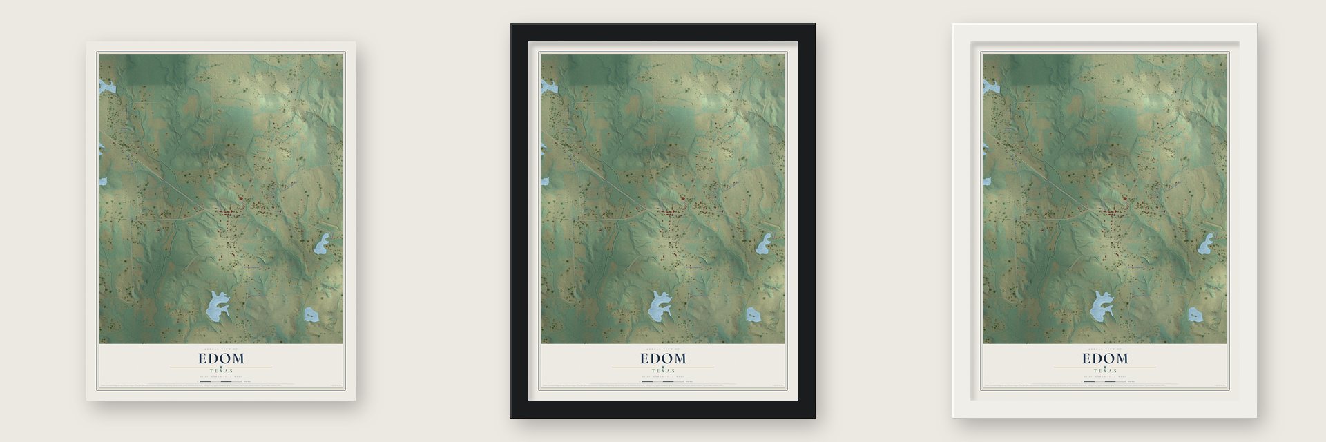 Edom, Texas map unframed, in a black wood frame and in a white wood frame