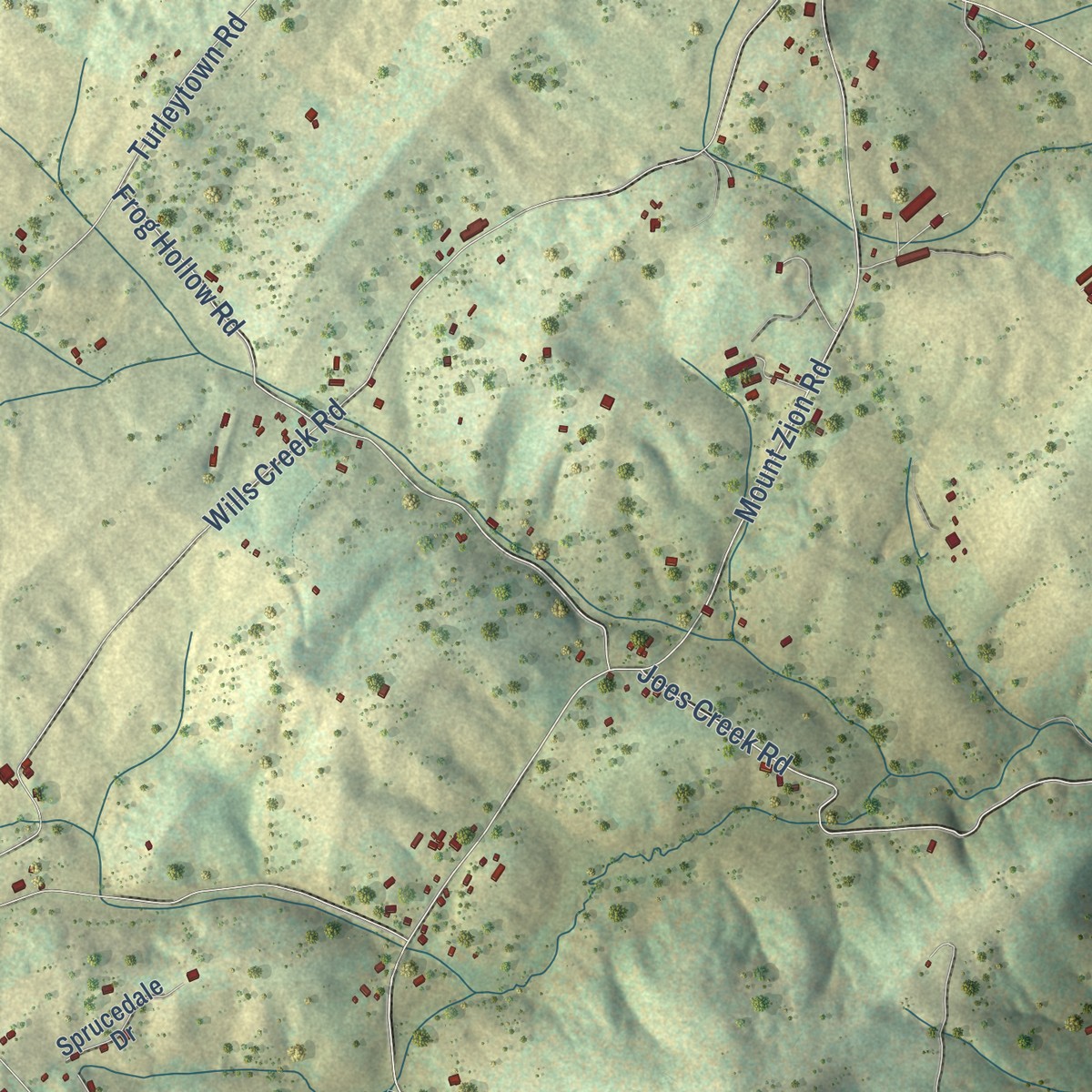 Second close-up of the map of Edom, Virginia print showing more streets and buildings