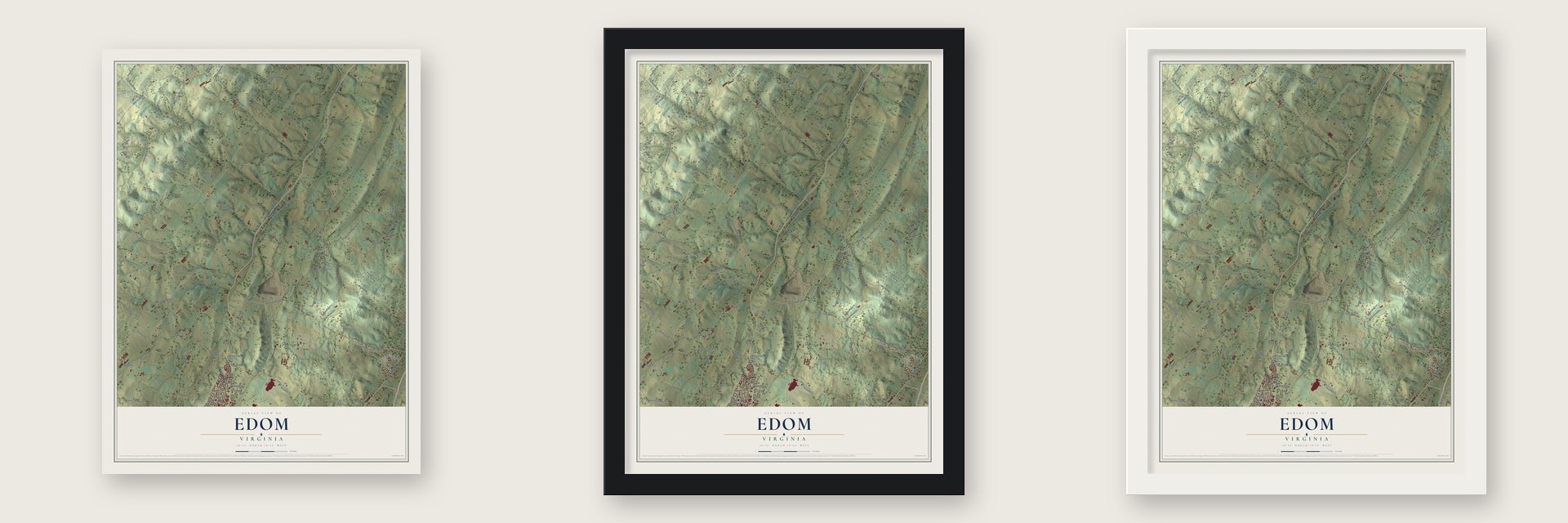 Edom, Virginia map unframed, in a black wood frame and in a white wood frame