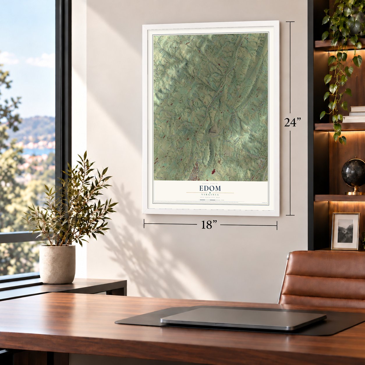 Edom, Virginia map, 18 x 24 inch print in a white frame in a home office