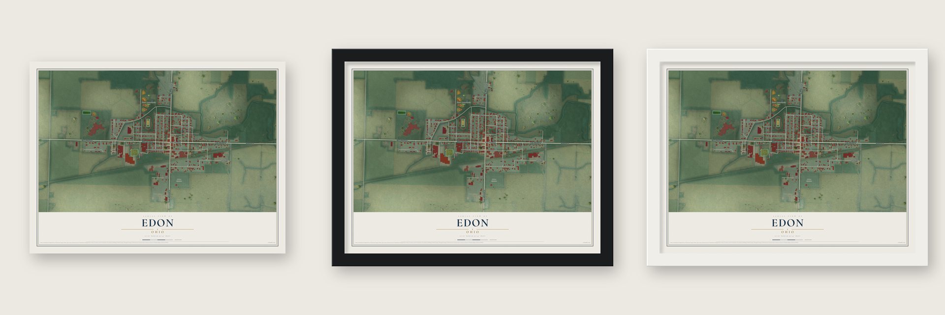 Edon, Ohio map unframed, in a black wood frame and in a white wood frame