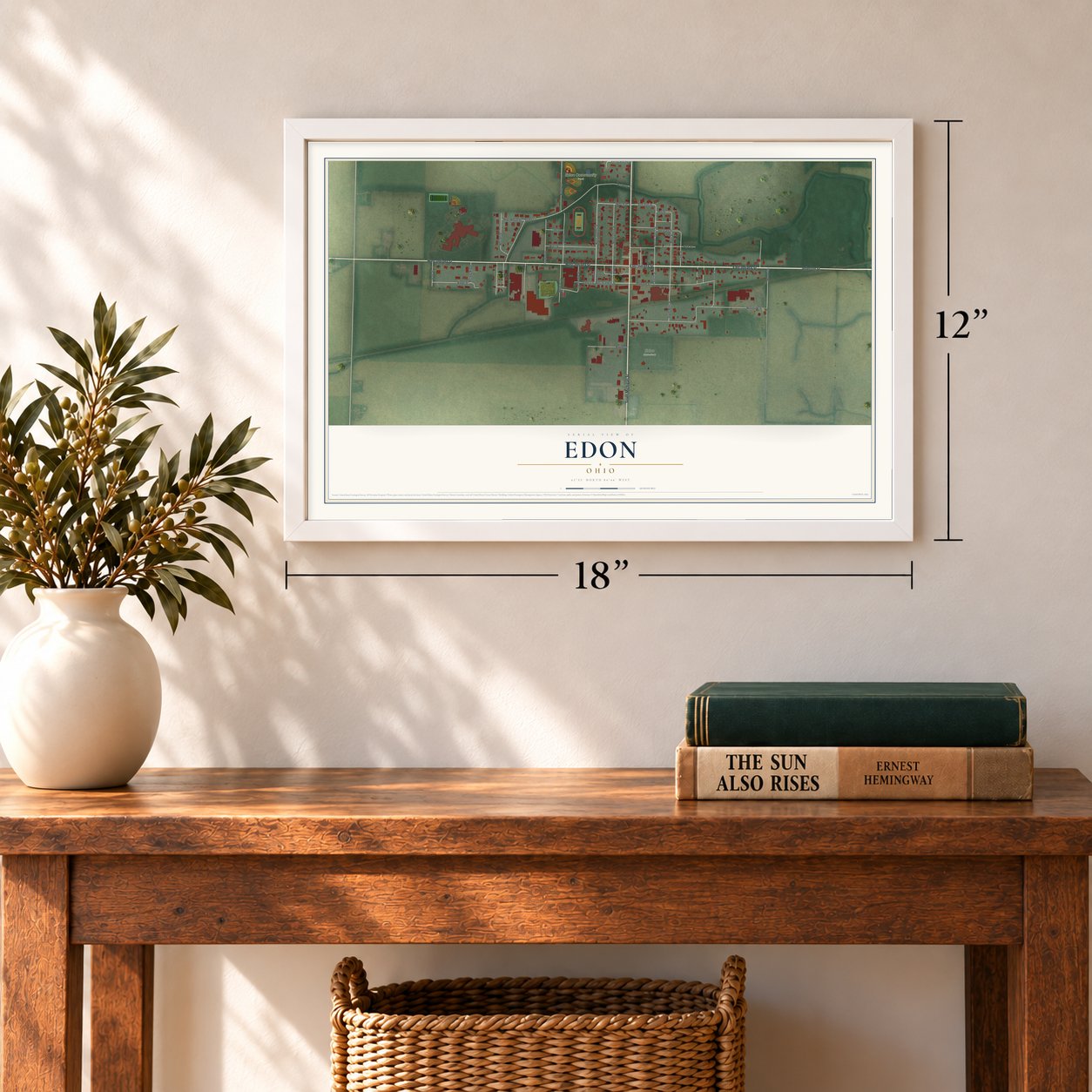 Edon, Ohio map, 12 x 18 inch print in a white frame in an entryway