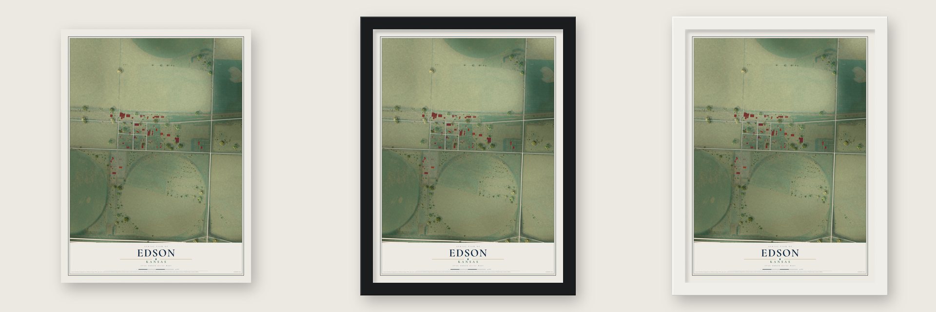 Edson, Kansas map unframed, in a black wood frame and in a white wood frame