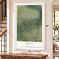 Edson, Kansas map, 24 x 36 inch print in a white frame by a staircase