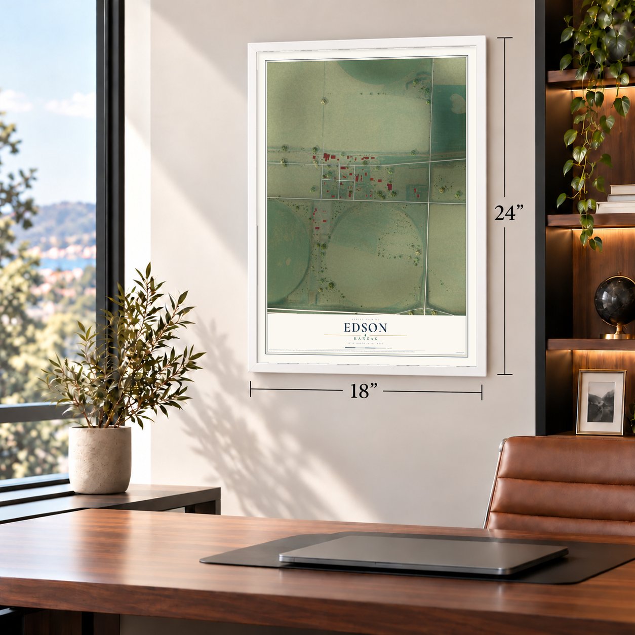 Edson, Kansas map, 18 x 24 inch print in a white frame in a home office