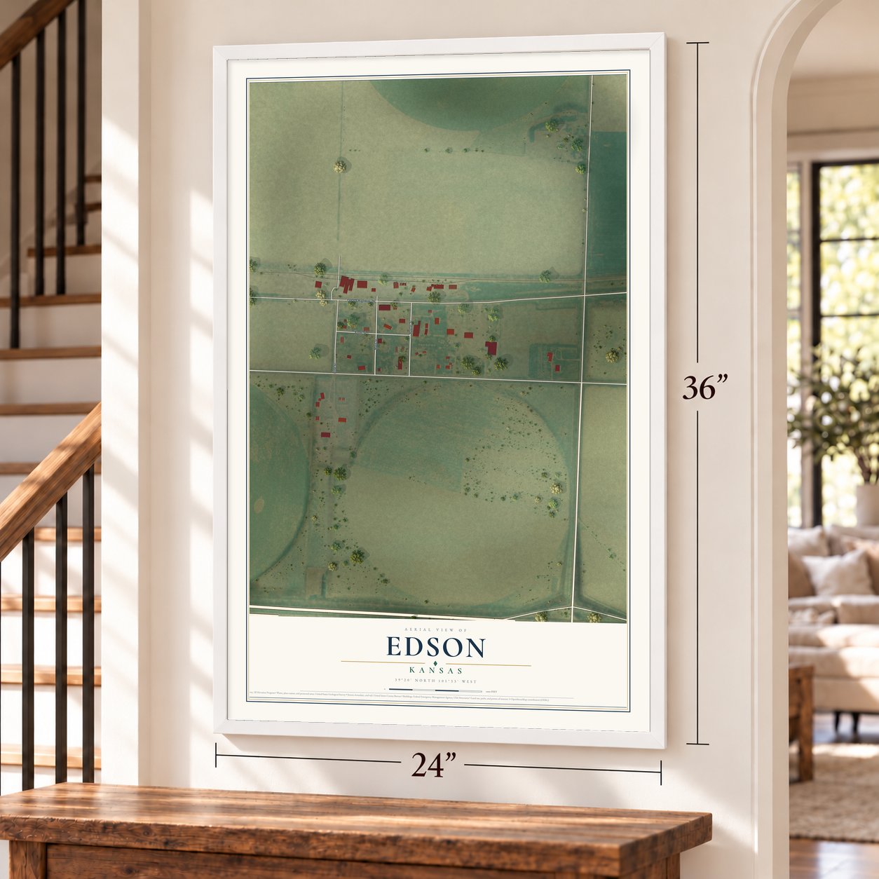 Edson, Kansas map, 24 x 36 inch print in a white frame by a staircase
