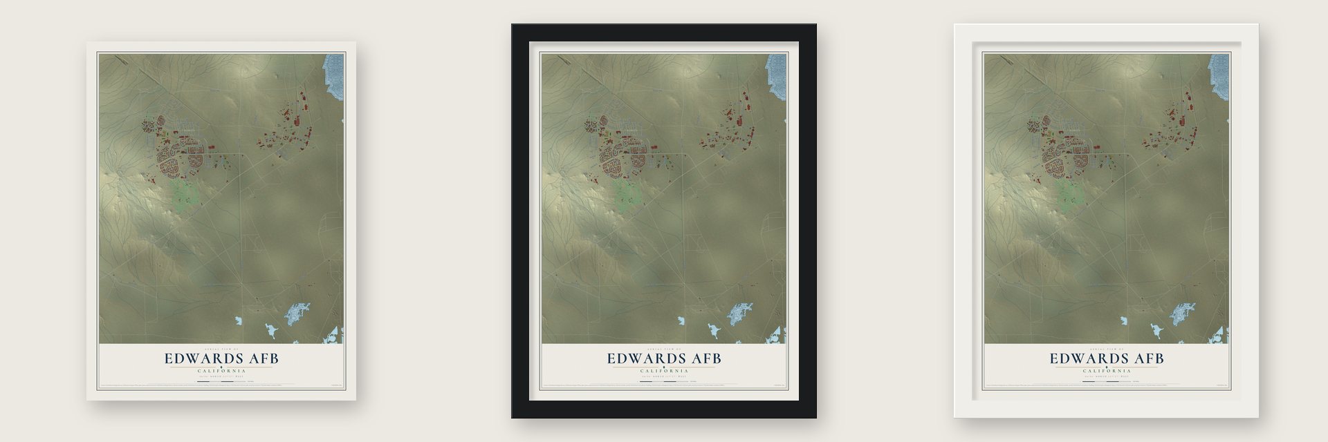 Edwards AFB, California map unframed, in a black wood frame and in a white wood frame