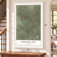 Edwards AFB, California map, 24 x 36 inch print in a white frame by a staircase