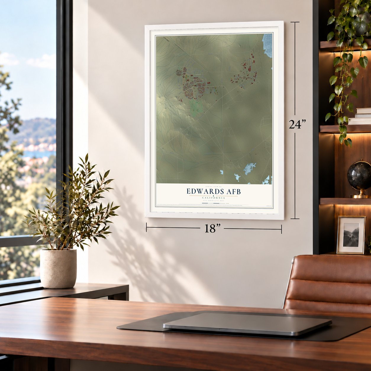 Edwards AFB, California map, 18 x 24 inch print in a white frame in a home office