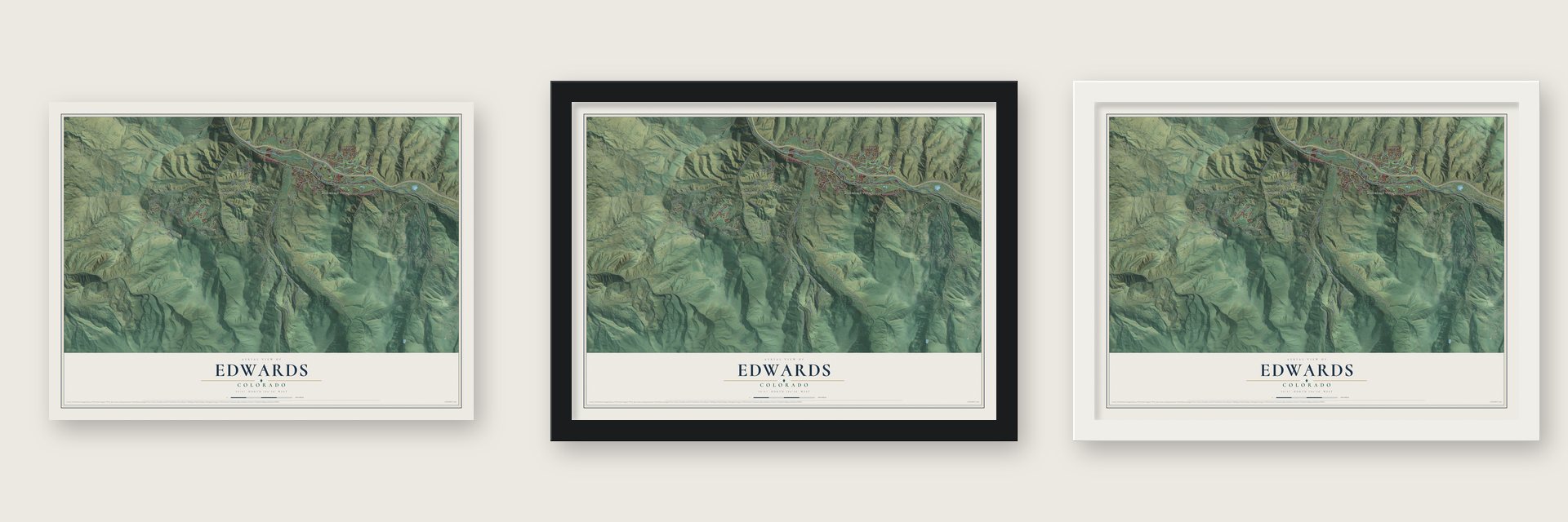 Edwards, Colorado map unframed, in a black wood frame and in a white wood frame