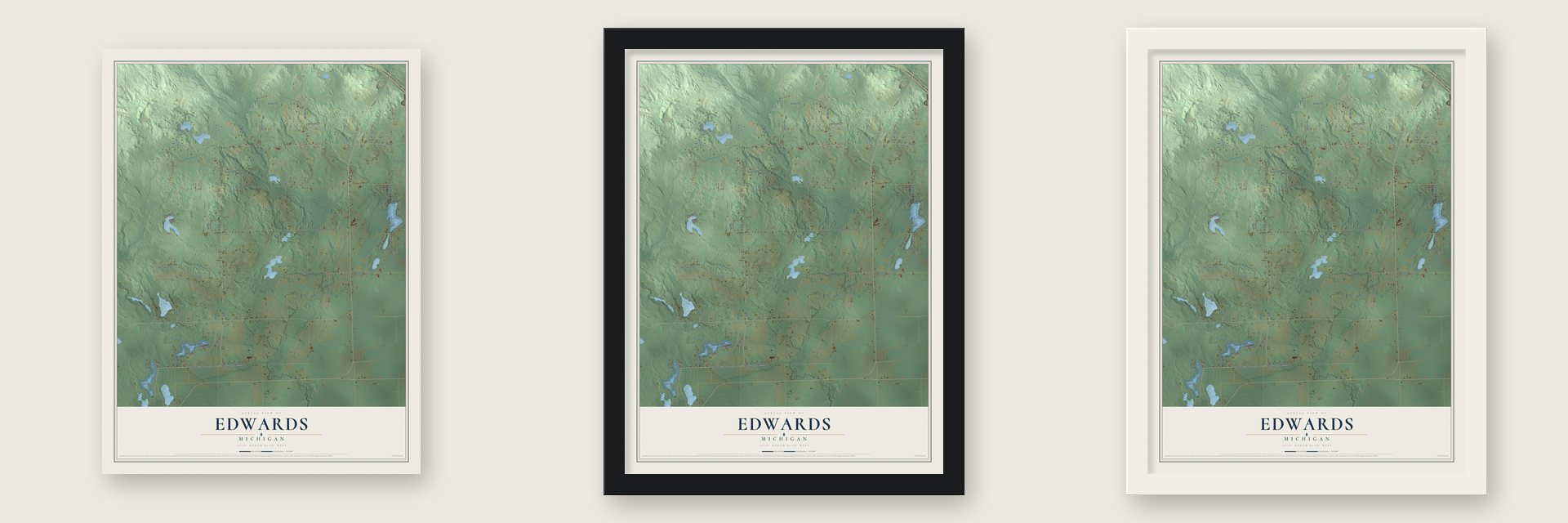Edwards, Michigan map unframed, in a black wood frame and in a white wood frame