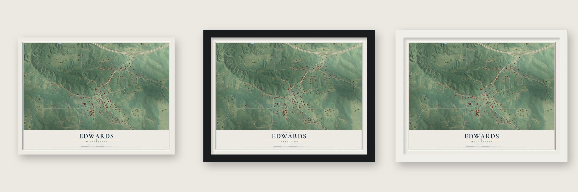 Edwards, Mississippi map unframed, in a black wood frame and in a white wood frame