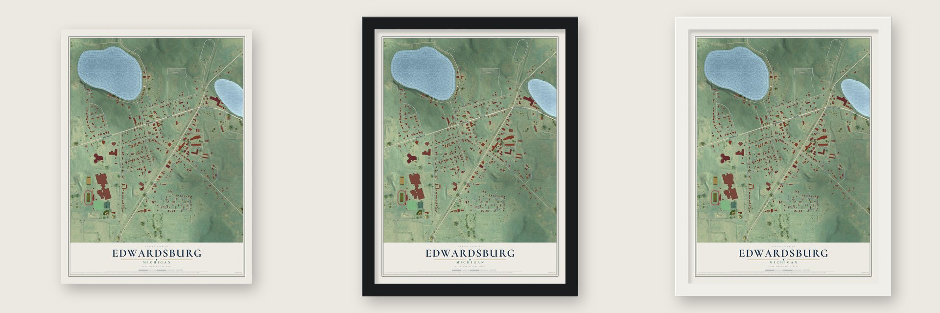 Edwardsburg, Michigan map unframed, in a black wood frame and in a white wood frame
