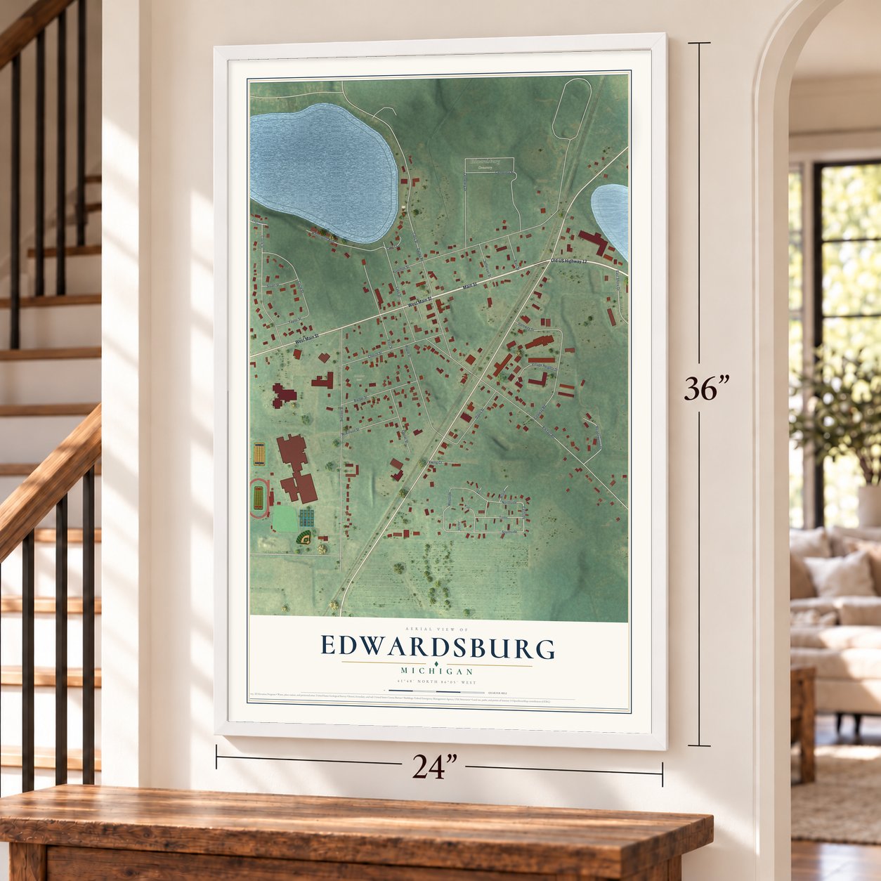 Edwardsburg, Michigan map, 24 x 36 inch print in a white frame by a staircase
