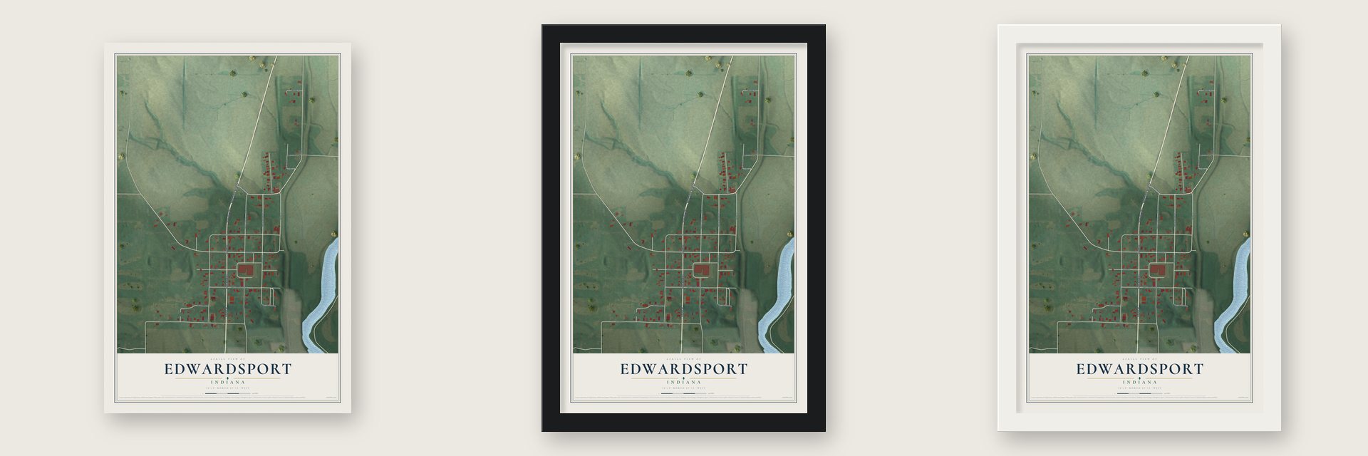Edwardsport, Indiana map unframed, in a black wood frame and in a white wood frame