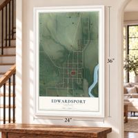 Edwardsport, Indiana map, 24 x 36 inch print in a white frame by a staircase