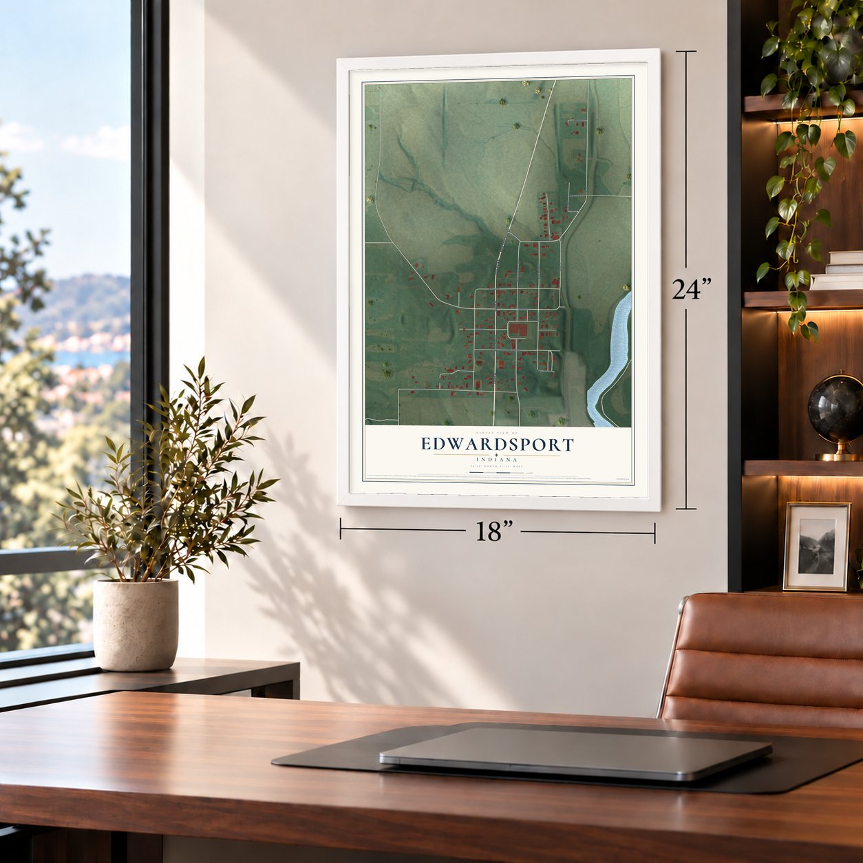 Edwardsport, Indiana map, 18 x 24 inch print in a white frame in a home office