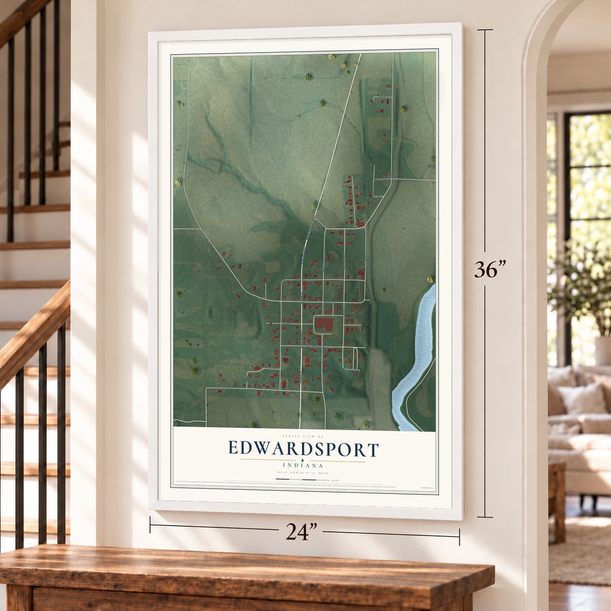 Edwardsport, Indiana map, 24 x 36 inch print in a white frame by a staircase