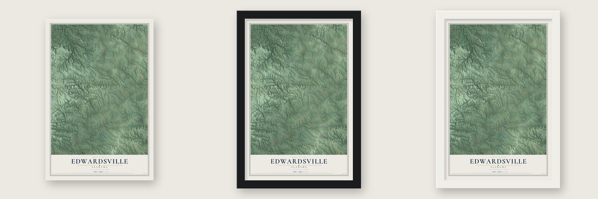 Edwardsville, Alabama map unframed, in a black wood frame and in a white wood frame