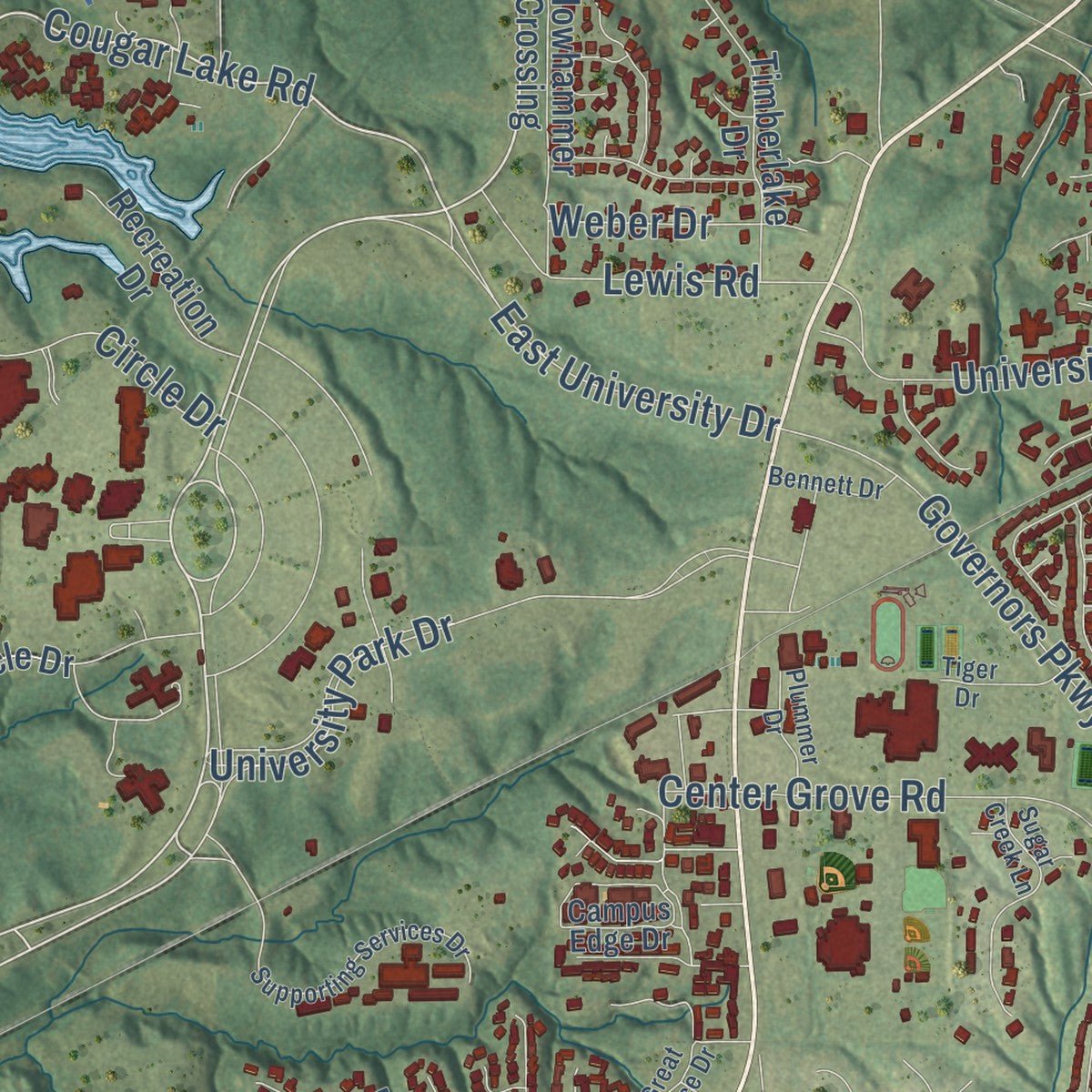 Second close-up of the map of Edwardsville, Illinois print showing more streets and buildings
