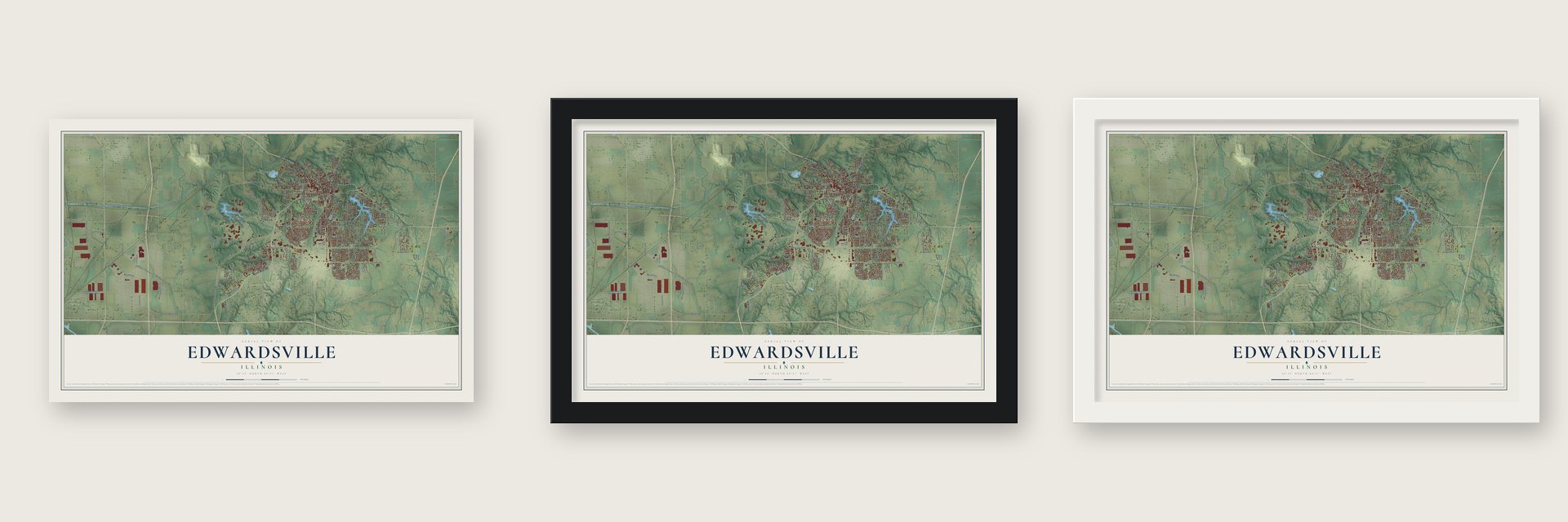 Edwardsville, Illinois map unframed, in a black wood frame and in a white wood frame