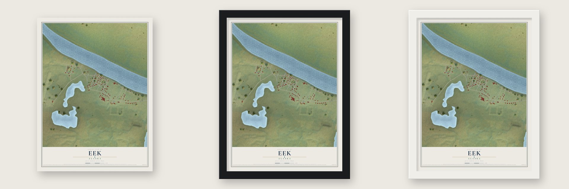 Eek, Alaska map unframed, in a black wood frame and in a white wood frame