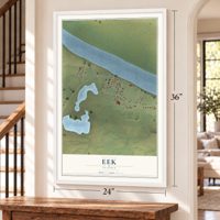 Eek, Alaska map, 24 x 36 inch print in a white frame by a staircase