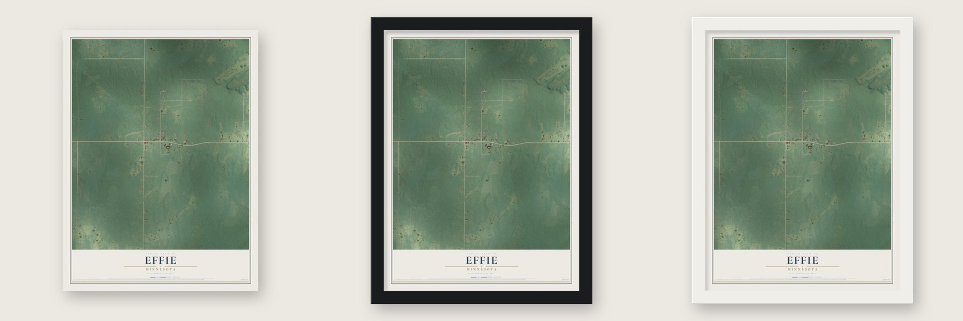 Effie, Minnesota map unframed, in a black wood frame and in a white wood frame
