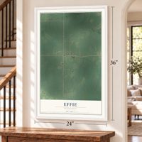 Effie, Minnesota map, 24 x 36 inch print in a white frame by a staircase