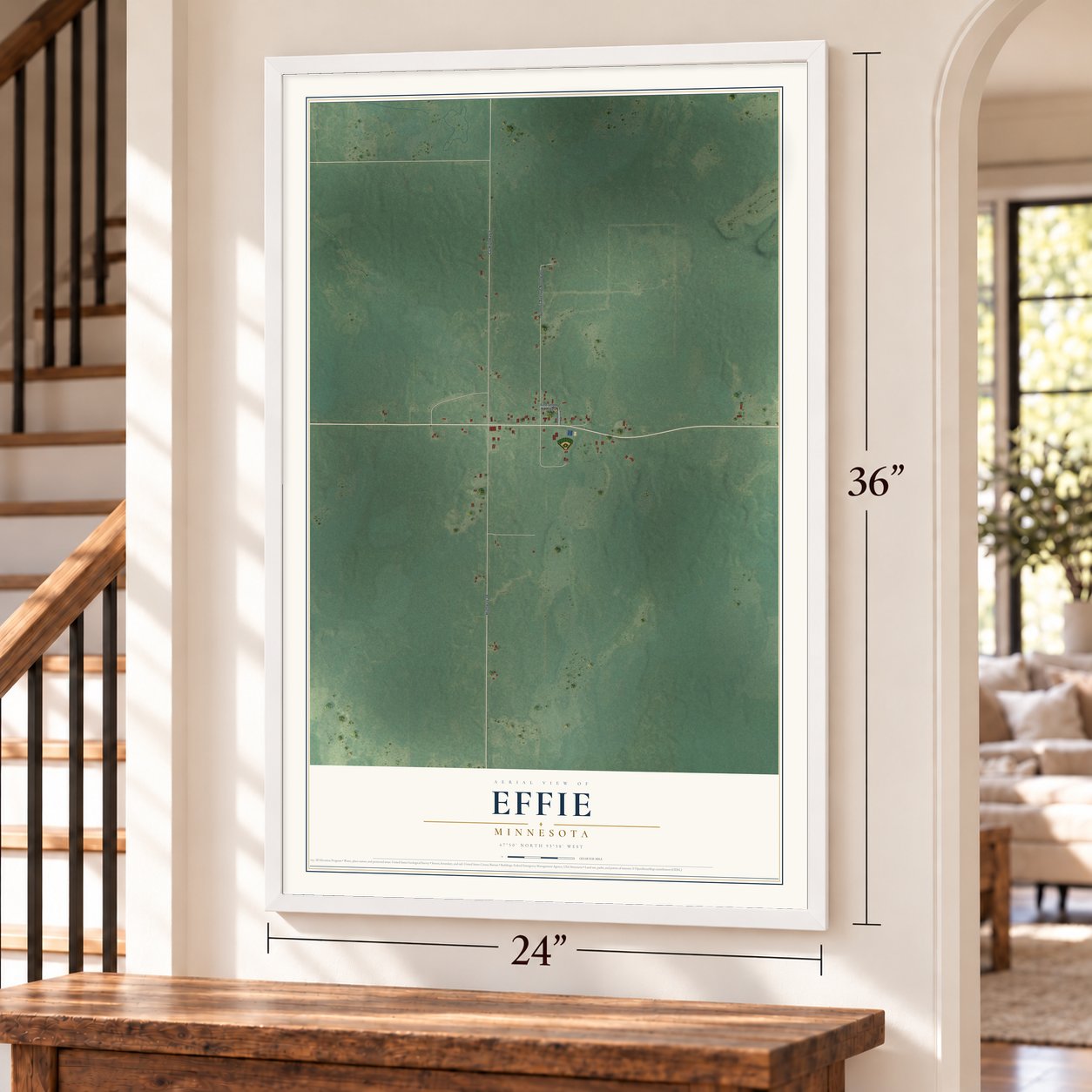 Effie, Minnesota map, 24 x 36 inch print in a white frame by a staircase