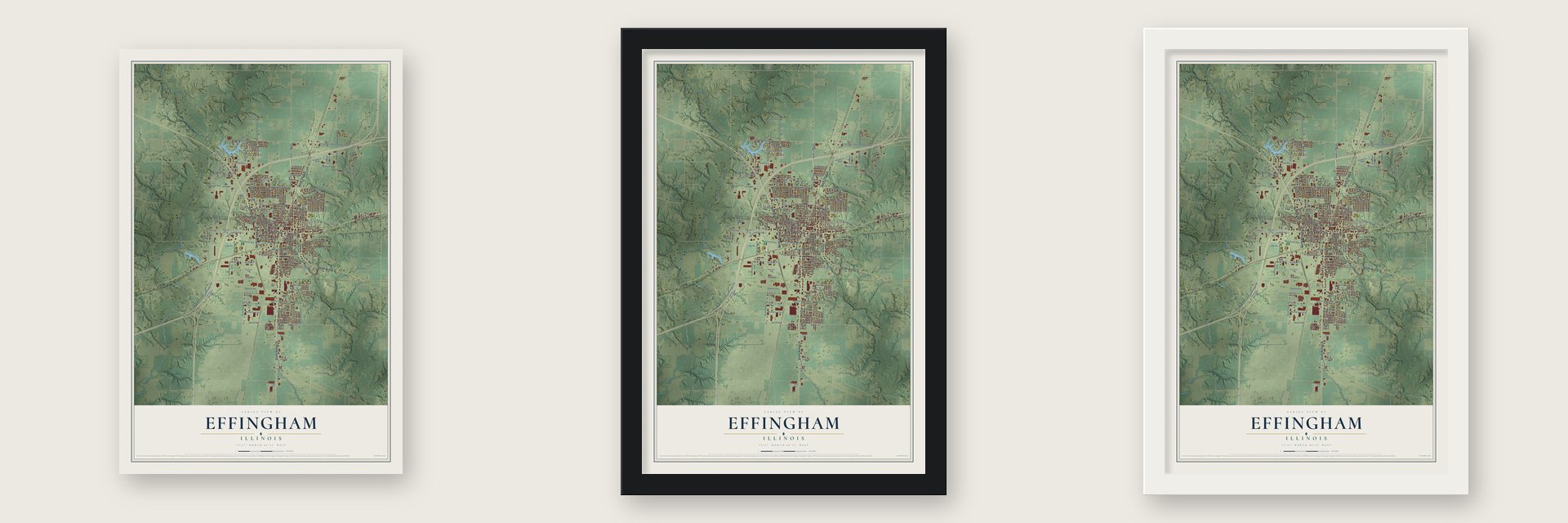 Effingham, Illinois map unframed, in a black wood frame and in a white wood frame