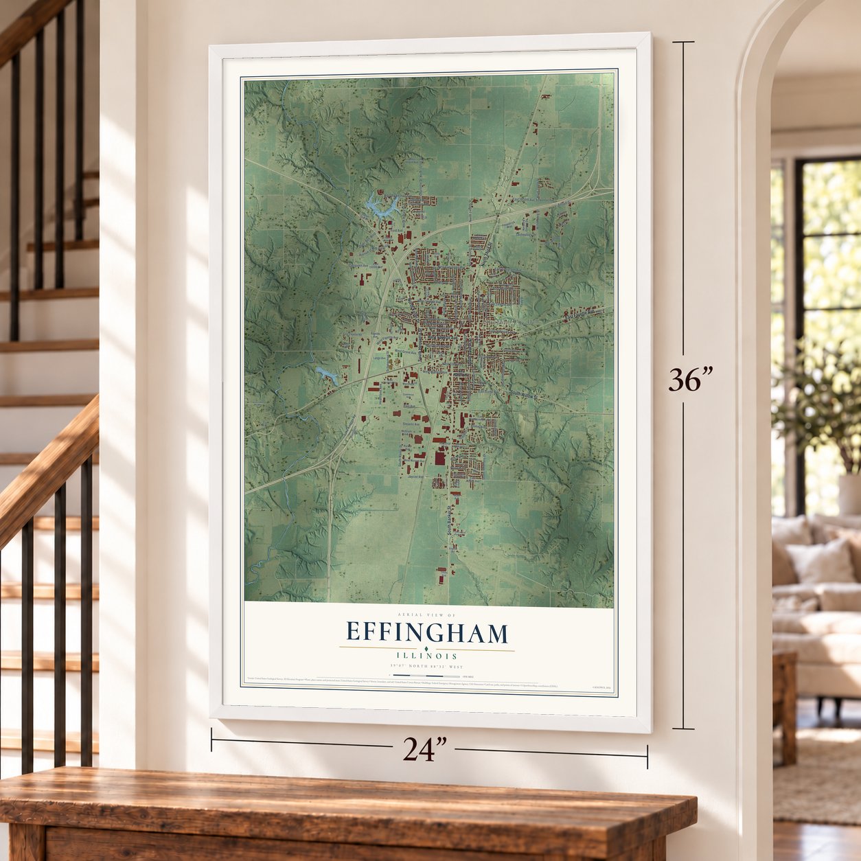 Effingham, Illinois map, 24 x 36 inch print in a white frame by a staircase