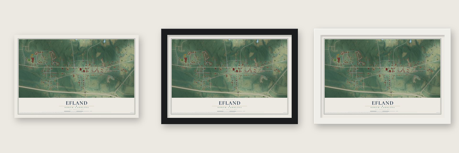 Efland, North Carolina map unframed, in a black wood frame and in a white wood frame