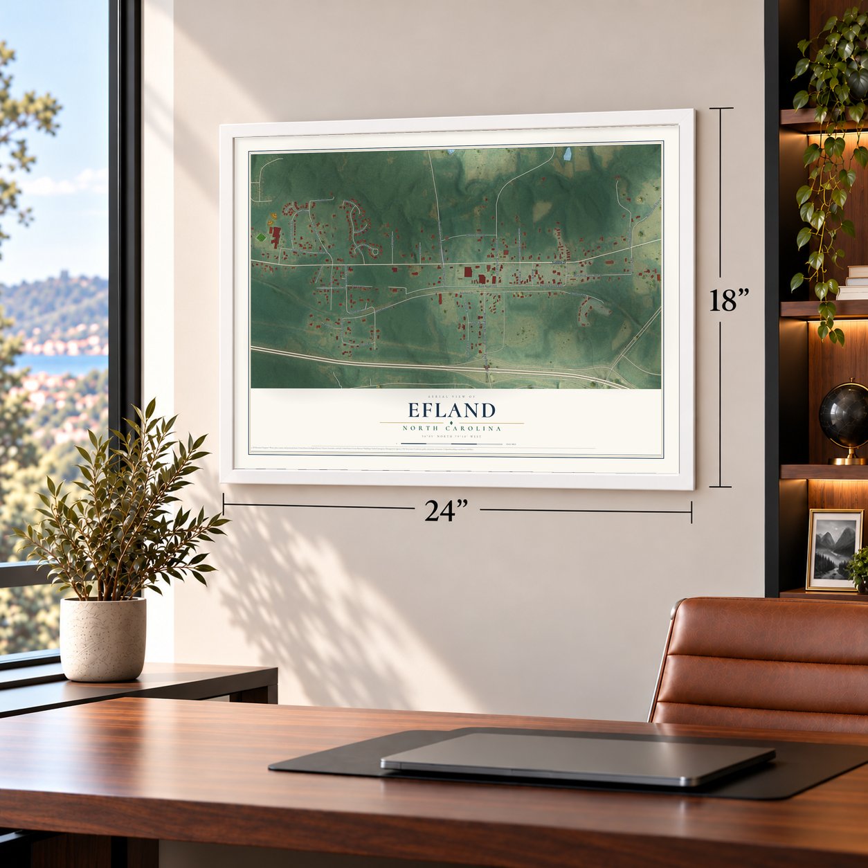 Efland, North Carolina map, 18 x 24 inch print in a white frame in a home office