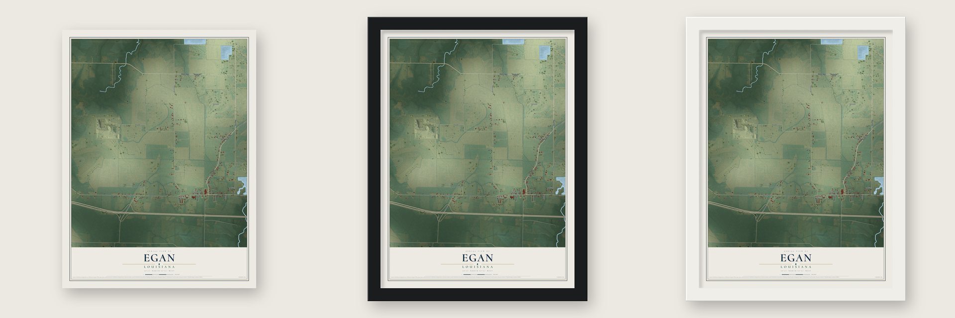 Egan, Louisiana map unframed, in a black wood frame and in a white wood frame