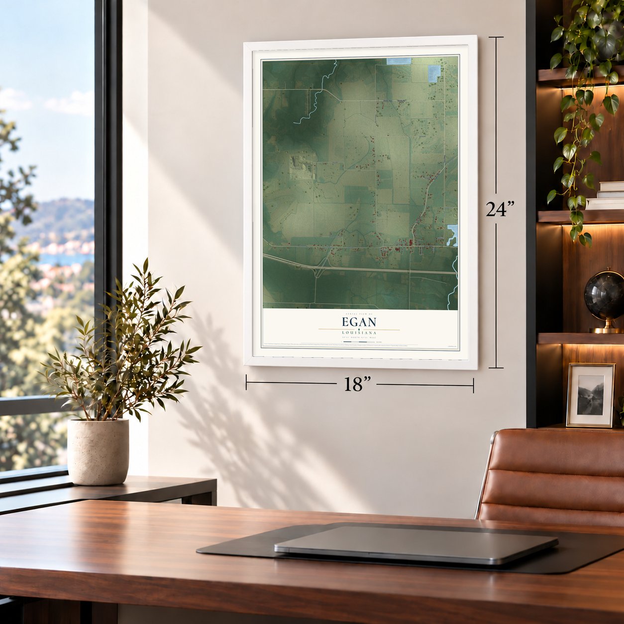 Egan, Louisiana map, 18 x 24 inch print in a white frame in a home office