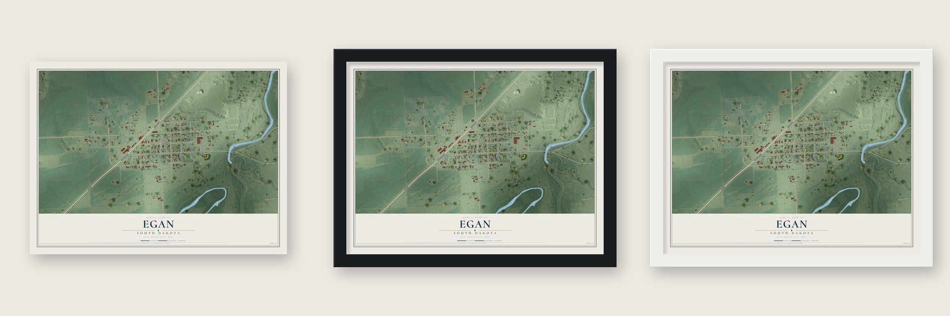 Egan, South Dakota map unframed, in a black wood frame and in a white wood frame