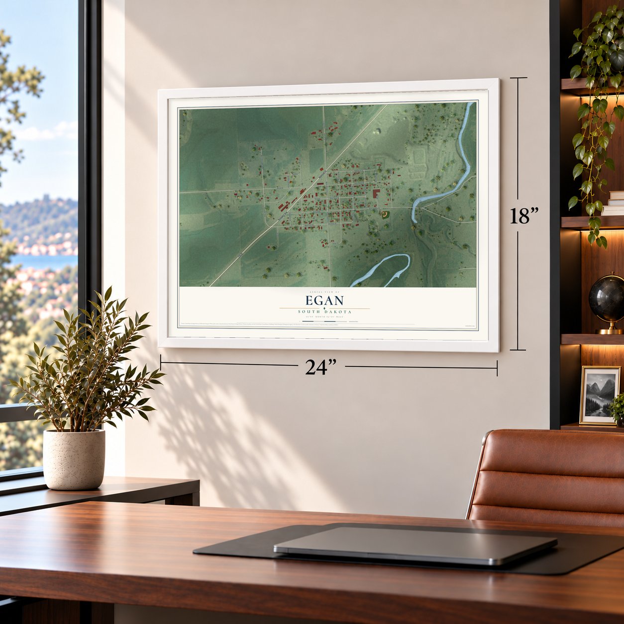 Egan, South Dakota map, 18 x 24 inch print in a white frame in a home office