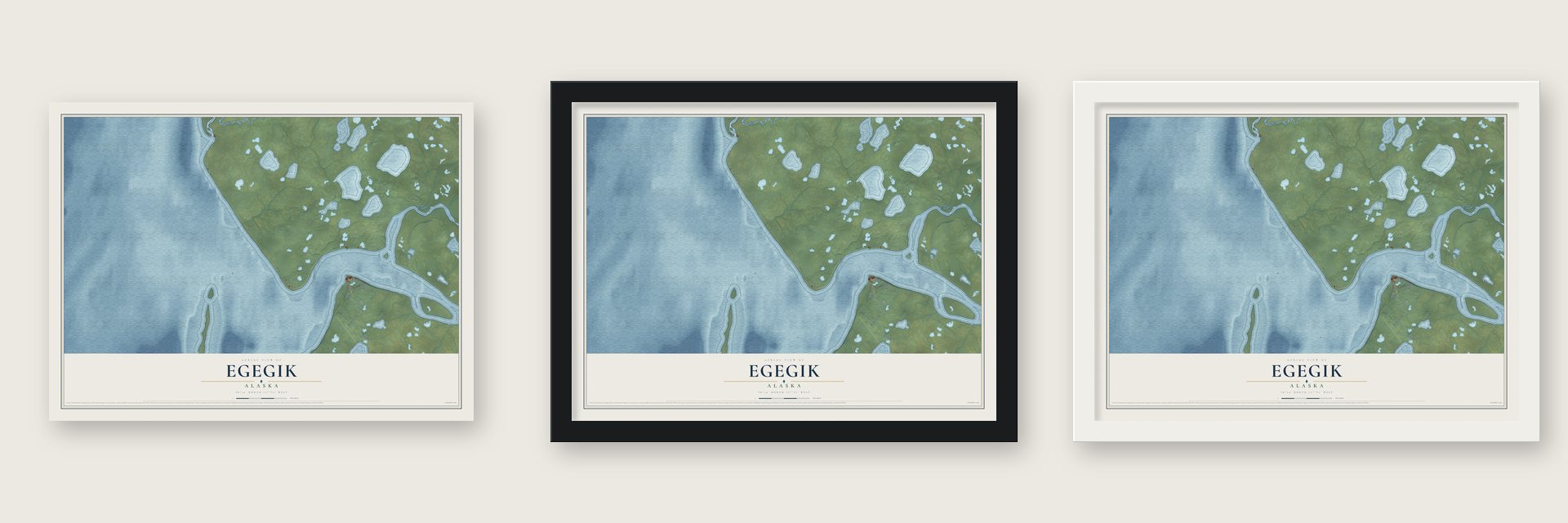 Egegik, Alaska map unframed, in a black wood frame and in a white wood frame