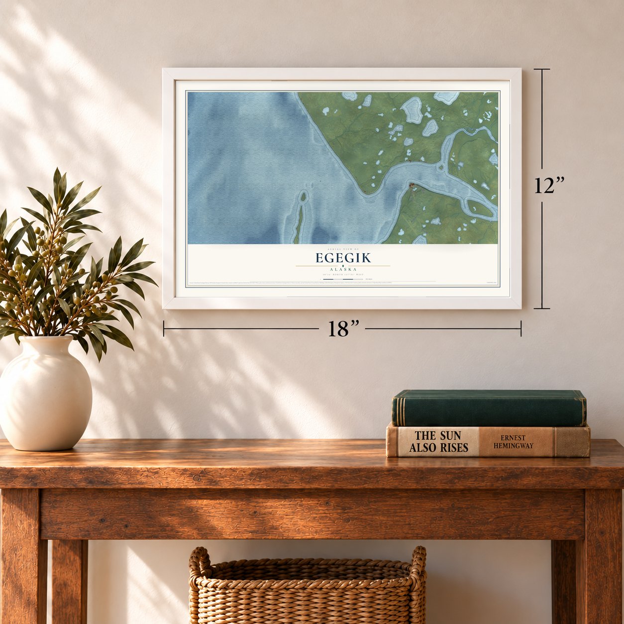 Egegik, Alaska map, 12 x 18 inch print in a white frame in an entryway