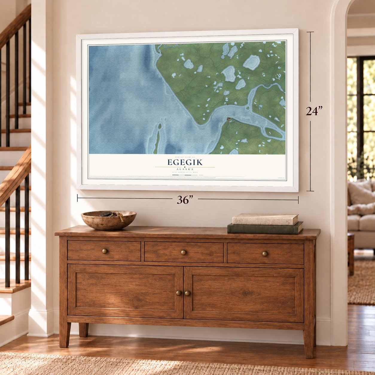 Egegik, Alaska map, 24 x 36 inch print in a white frame above a dresser by a staircase