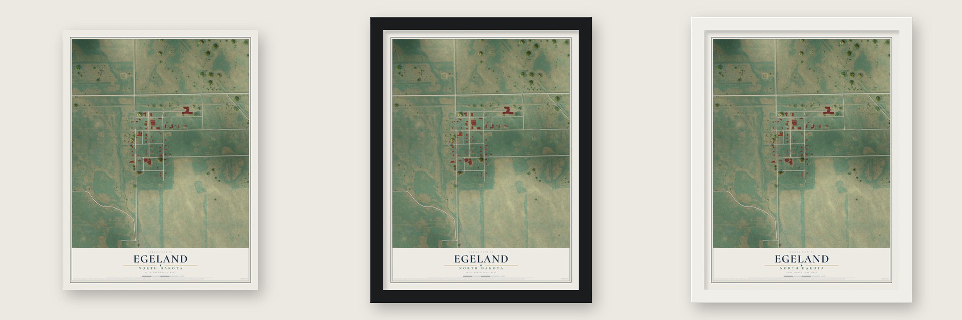 Egeland, North Dakota map unframed, in a black wood frame and in a white wood frame