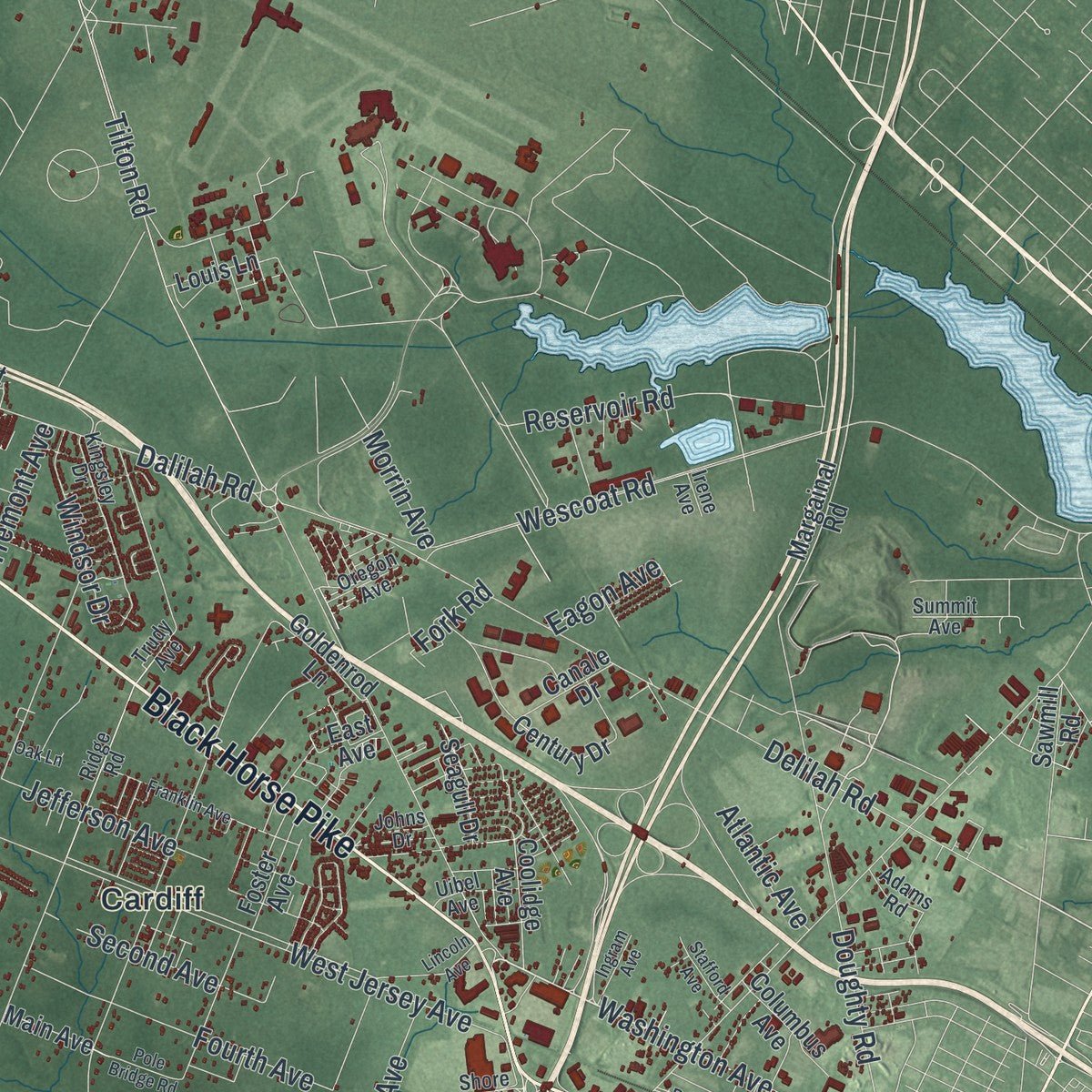 Second close-up of the map of Egg Harbor, New Jersey print showing more streets and buildings