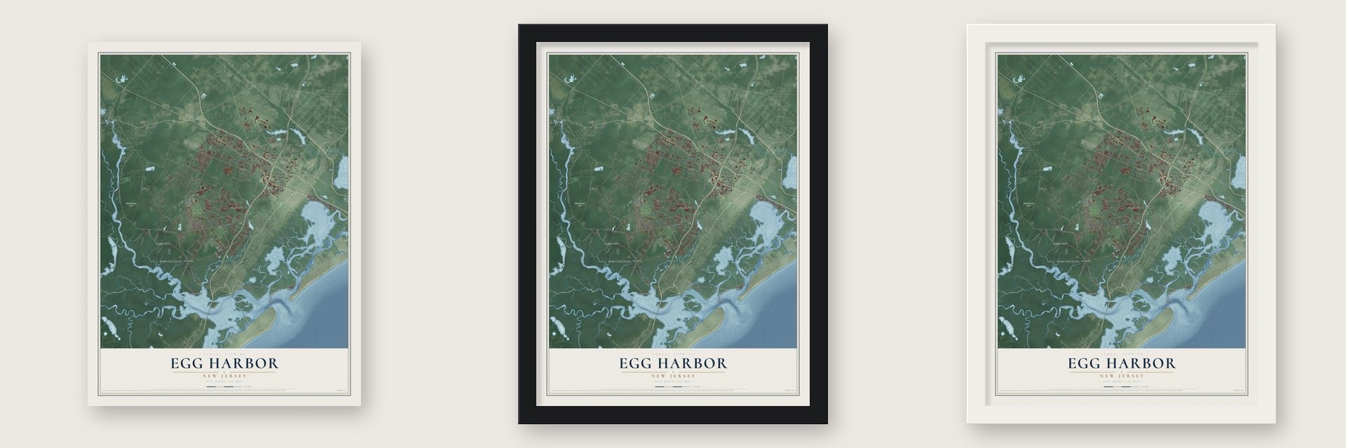 Egg Harbor, New Jersey map unframed, in a black wood frame and in a white wood frame