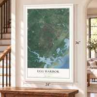 Egg Harbor, New Jersey map, 24 x 36 inch print in a white frame by a staircase
