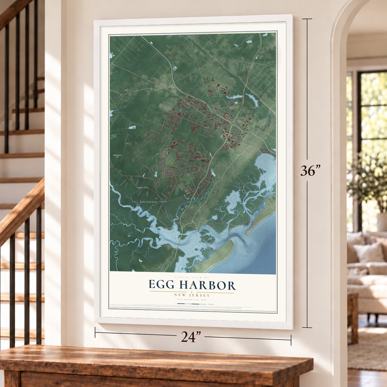 Egg Harbor, New Jersey map, 24 x 36 inch print in a white frame by a staircase