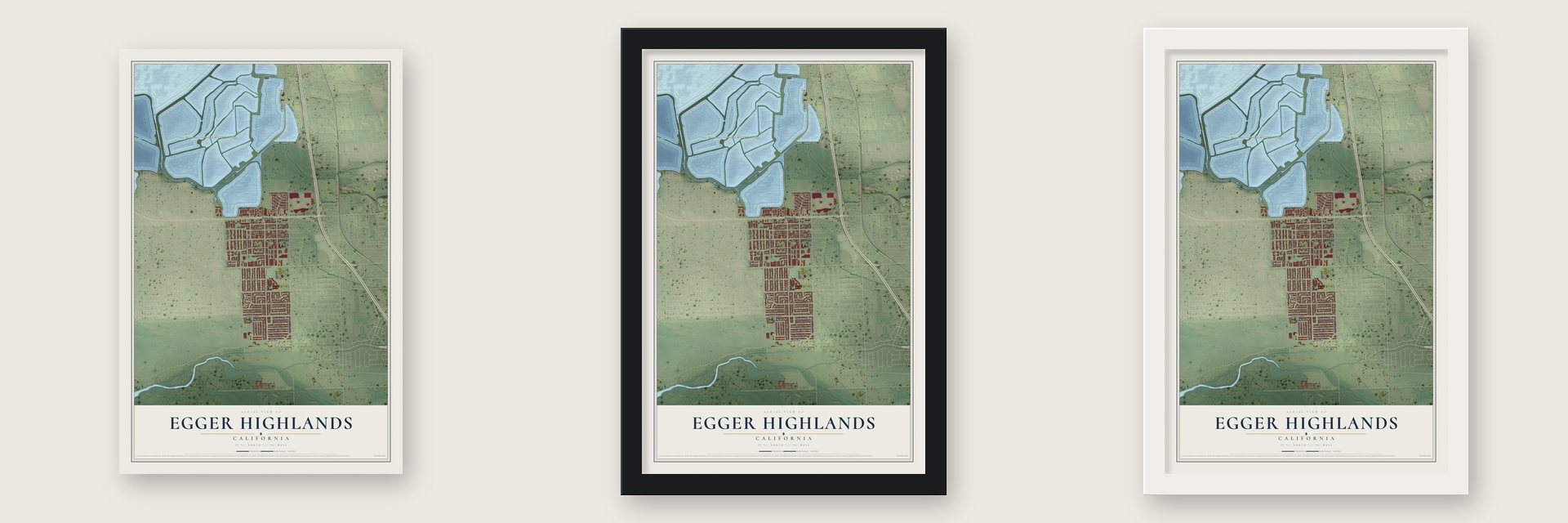 Egger Highlands, California map unframed, in a black wood frame and in a white wood frame